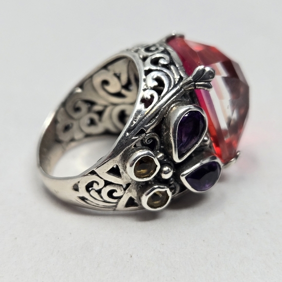 Mystic Quartz Ring Sz 5.5 Sterling Silver Amethyst Citrine Brown Stones Ornate - Picture 7 of 9